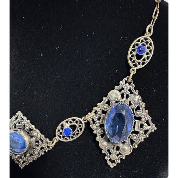 Antique Victorian Czech Blue Glass Filigree Bib Choker Necklace - Picture 5 of 14